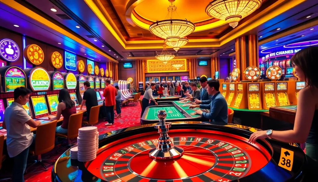 Experience the excitement of QQQ88 in a bustling casino with vibrant slot machines and joyful players.